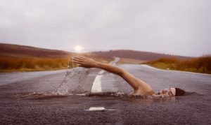 Man swimming across road